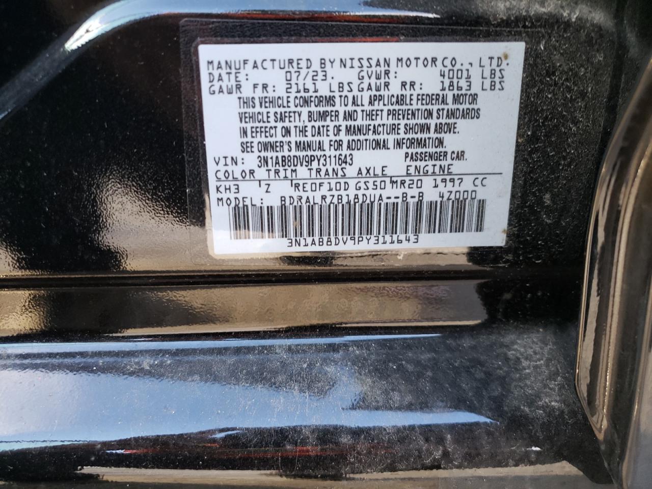 2023 NISSAN SENTRA SR VIN:3N1AB8DV9PY311643