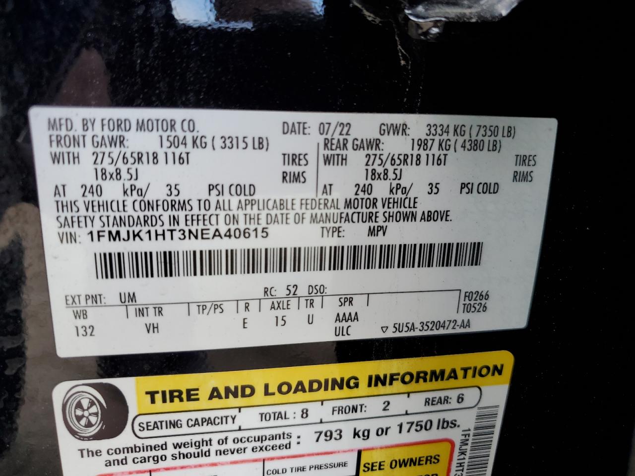 2022 FORD EXPEDITION MAX XLT VIN:1FMJK1HT3NEA40615