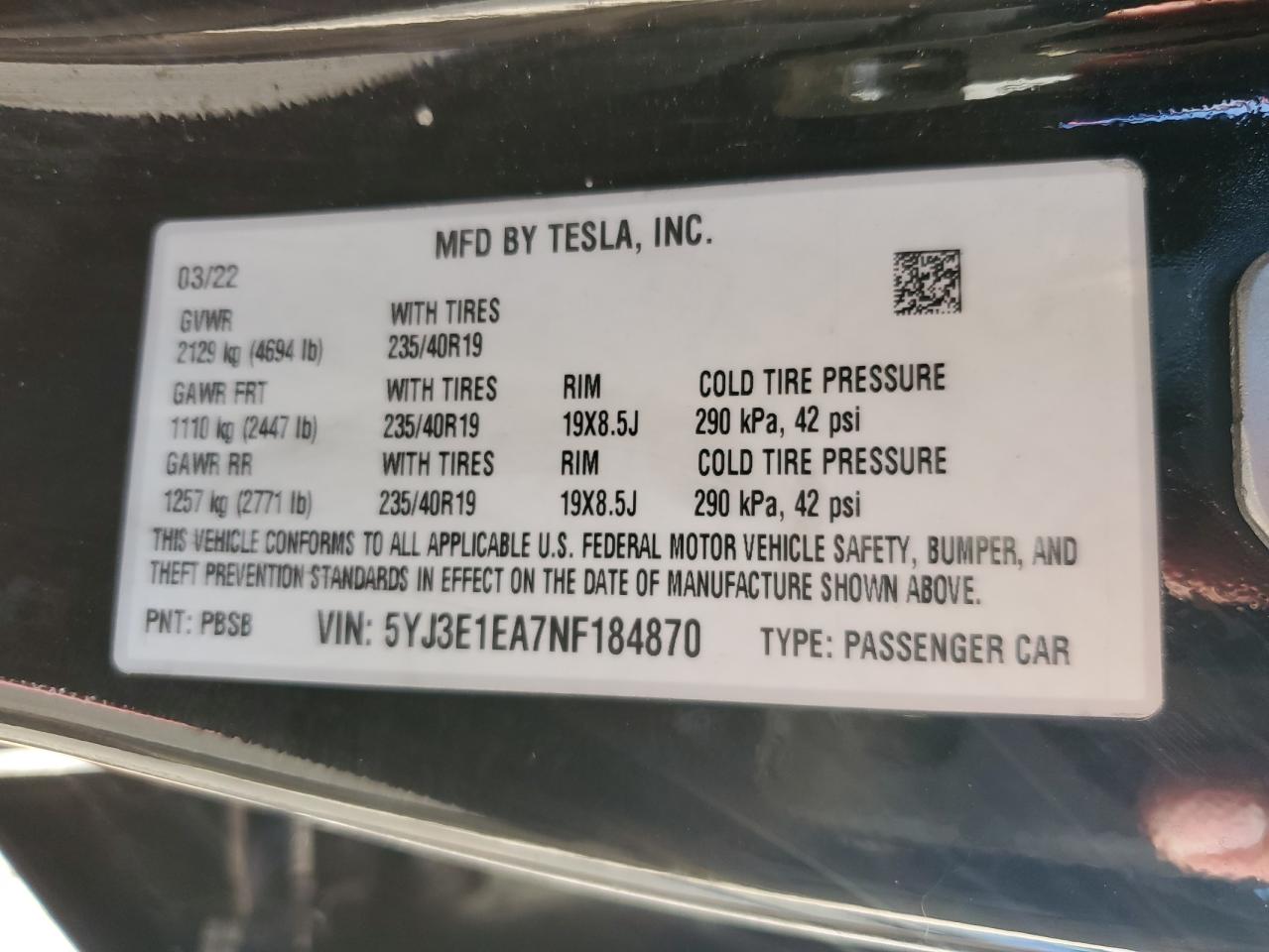2022 TESLA MODEL 3  VIN:5YJ3E1EA7NF184870