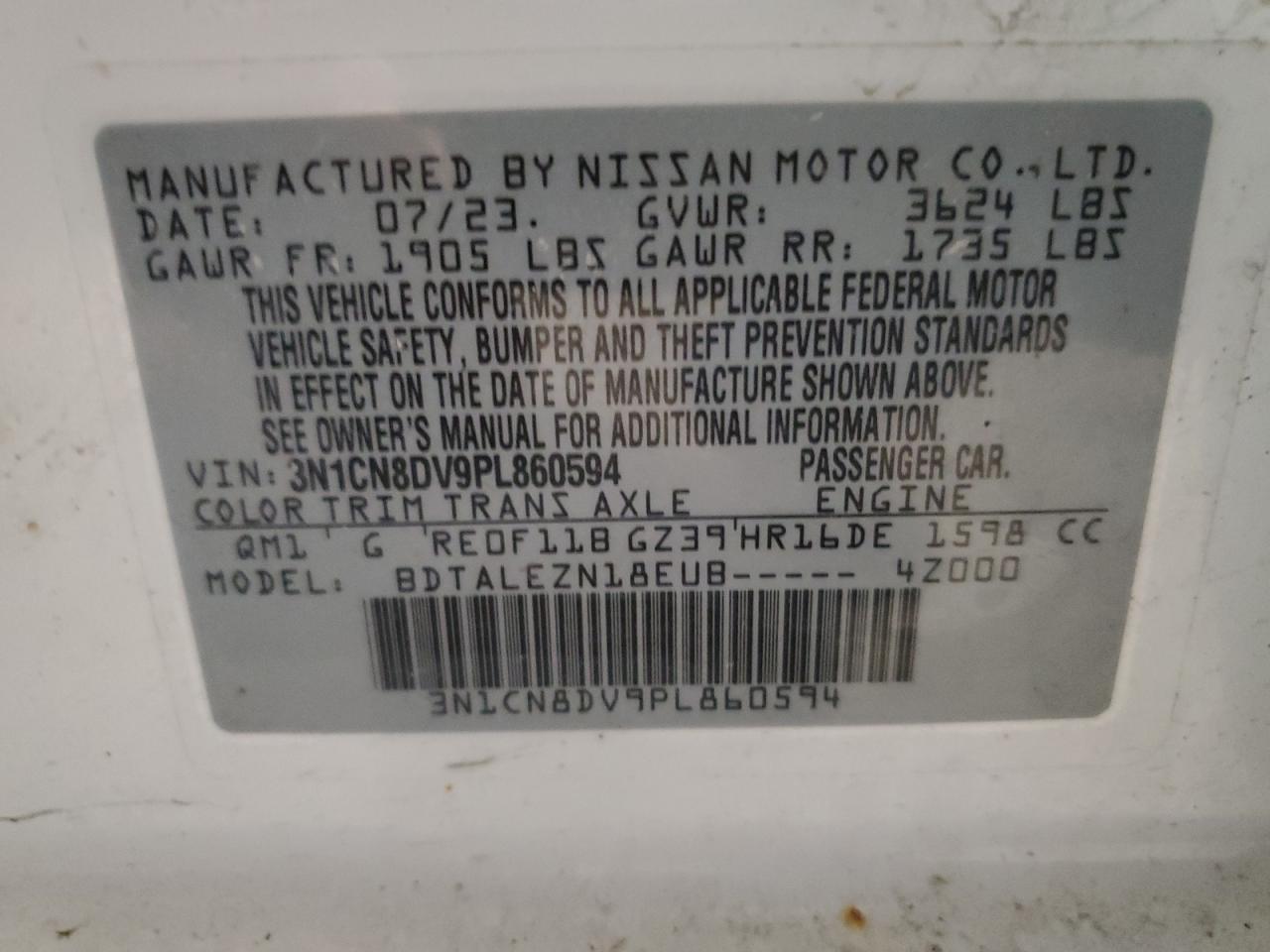 2023 NISSAN VERSA S VIN:3N1CN8DV9PL860594