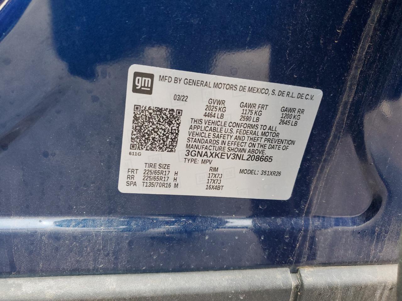 2022 CHEVROLET EQUINOX LT VIN:3GNAXKEV3NL208665