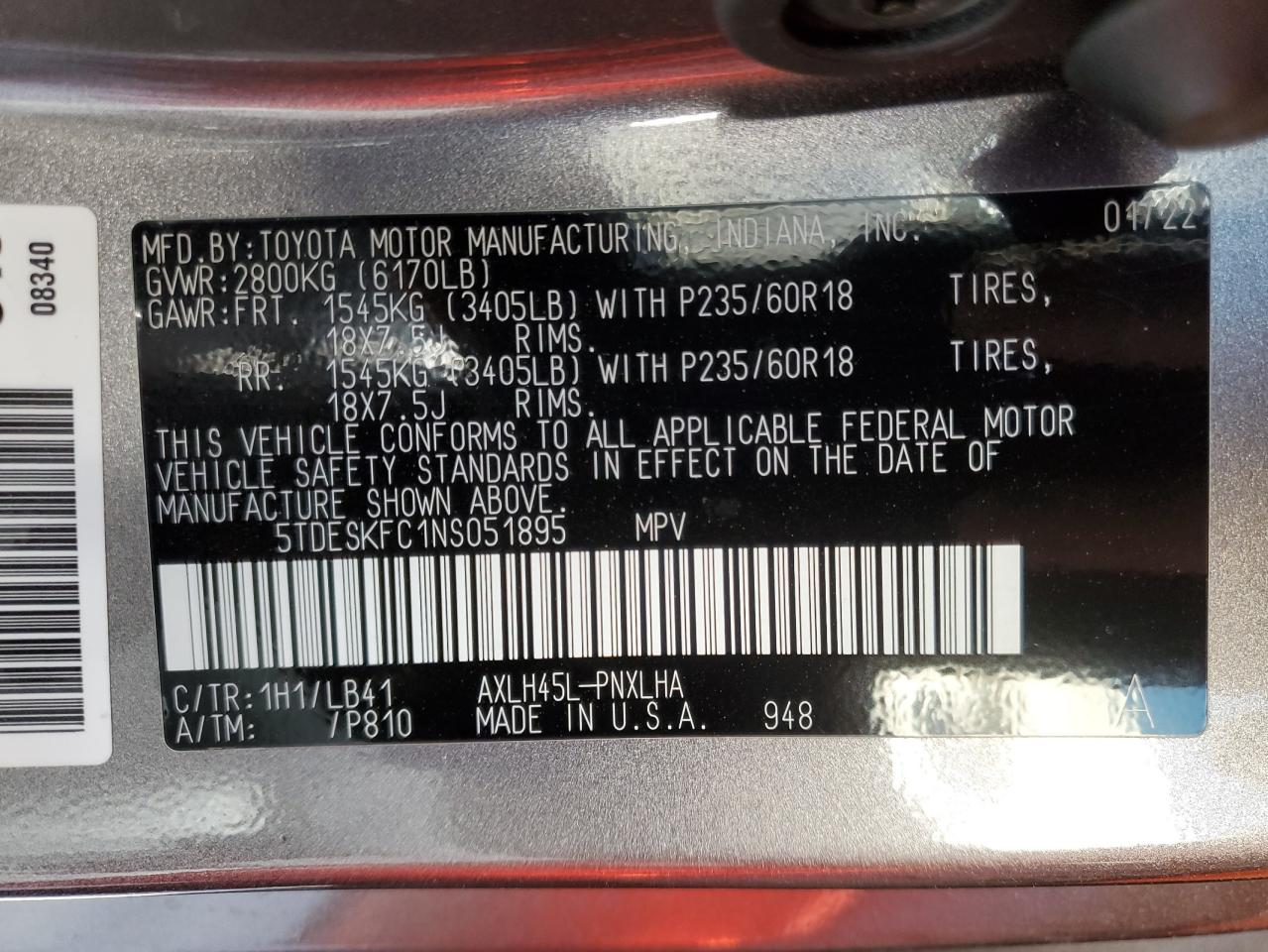 2022 TOYOTA SIENNA LIMITED VIN:5TDESKFC1NS051895