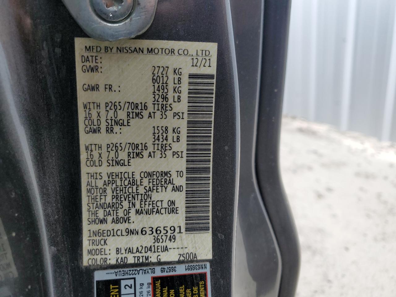 2022 NISSAN FRONTIER S VIN:1N6ED1CL9NN636591