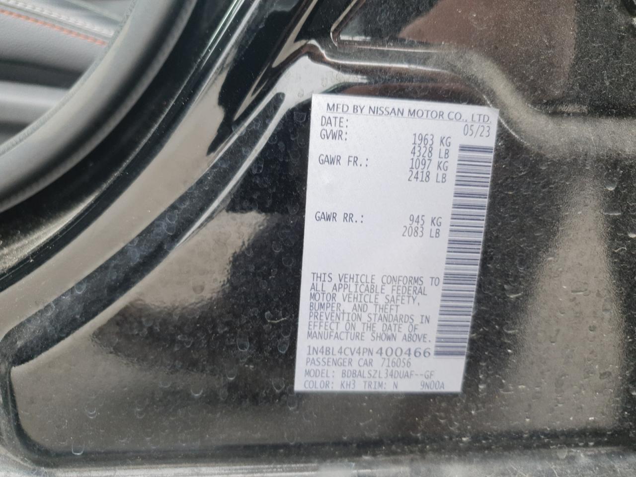 2023 NISSAN ALTIMA SR VIN:1N4BL4CV4PN400466