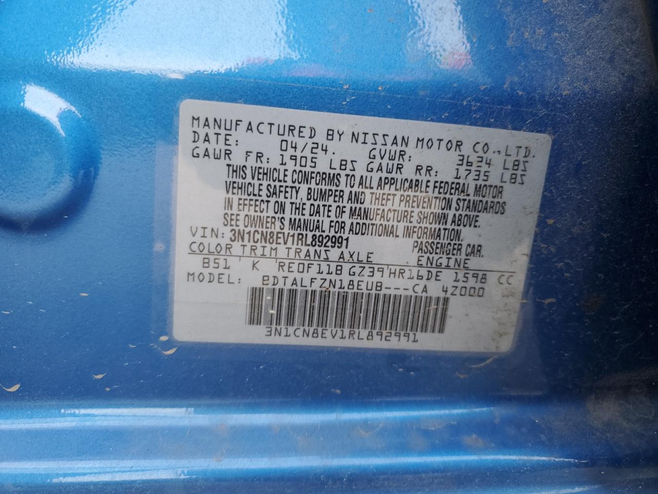 2024 NISSAN VERSA SV VIN:3N1CN8EV1RL892991