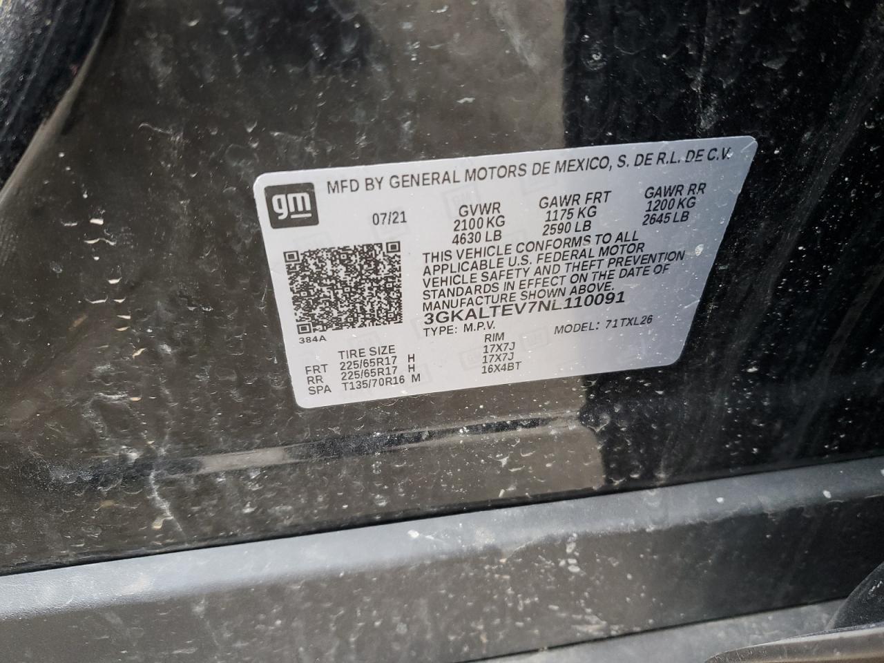 2022 GMC TERRAIN SLE VIN:3GKALTEV7NL110091