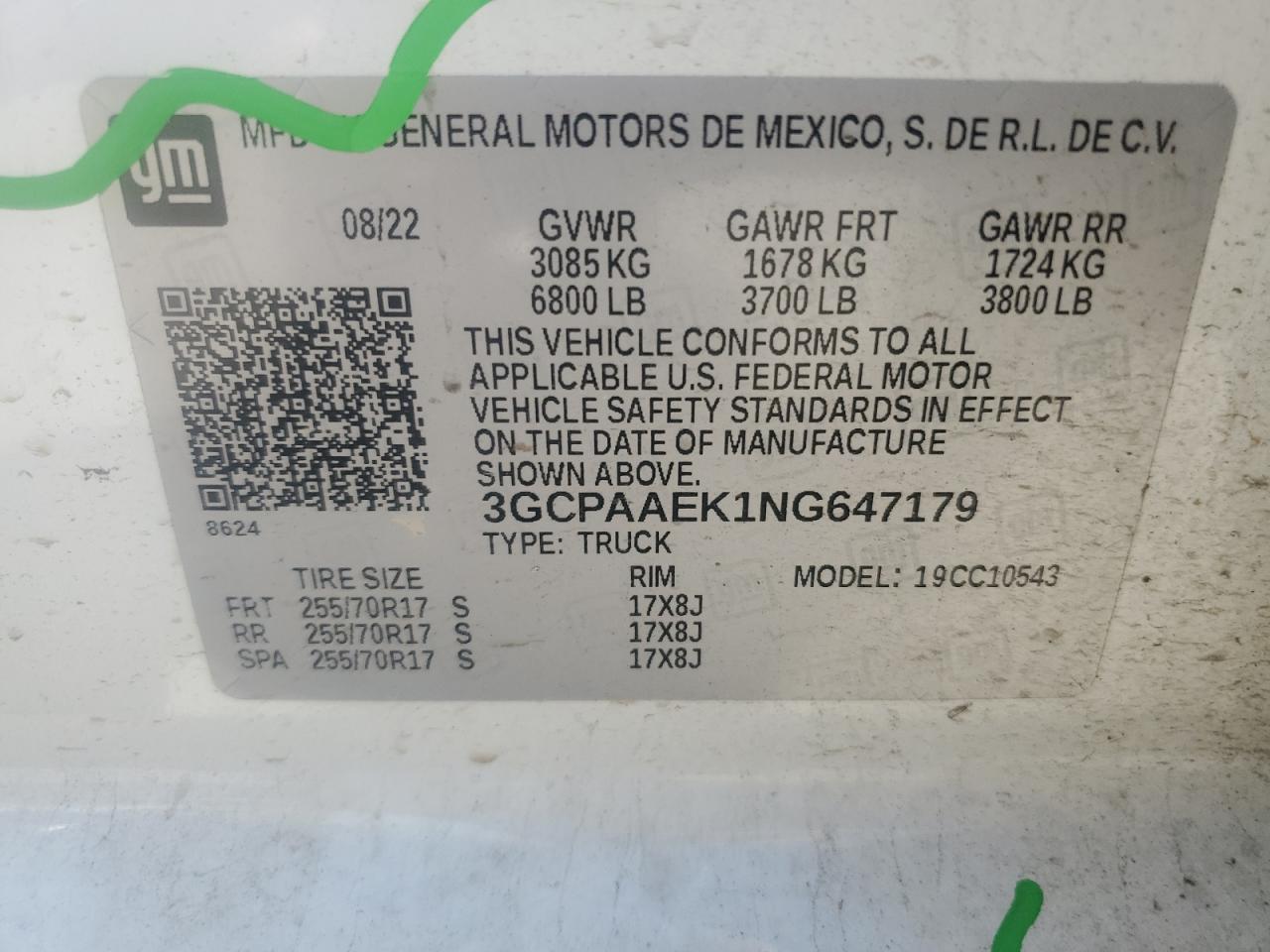 2022 CHEVROLET SILVERADO C1500 VIN:3GCPAAEK1NG647179