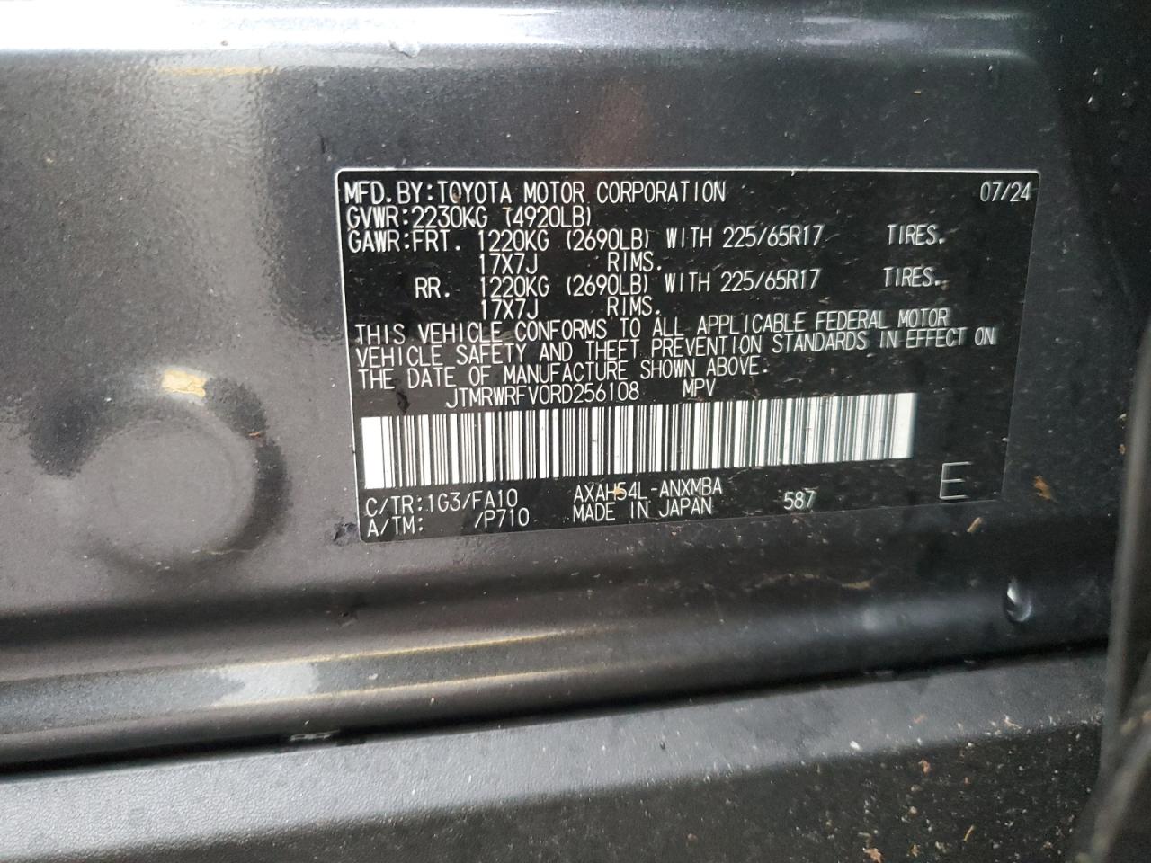 2024 TOYOTA RAV4 XLE VIN:JTMRWRFV0RD256108