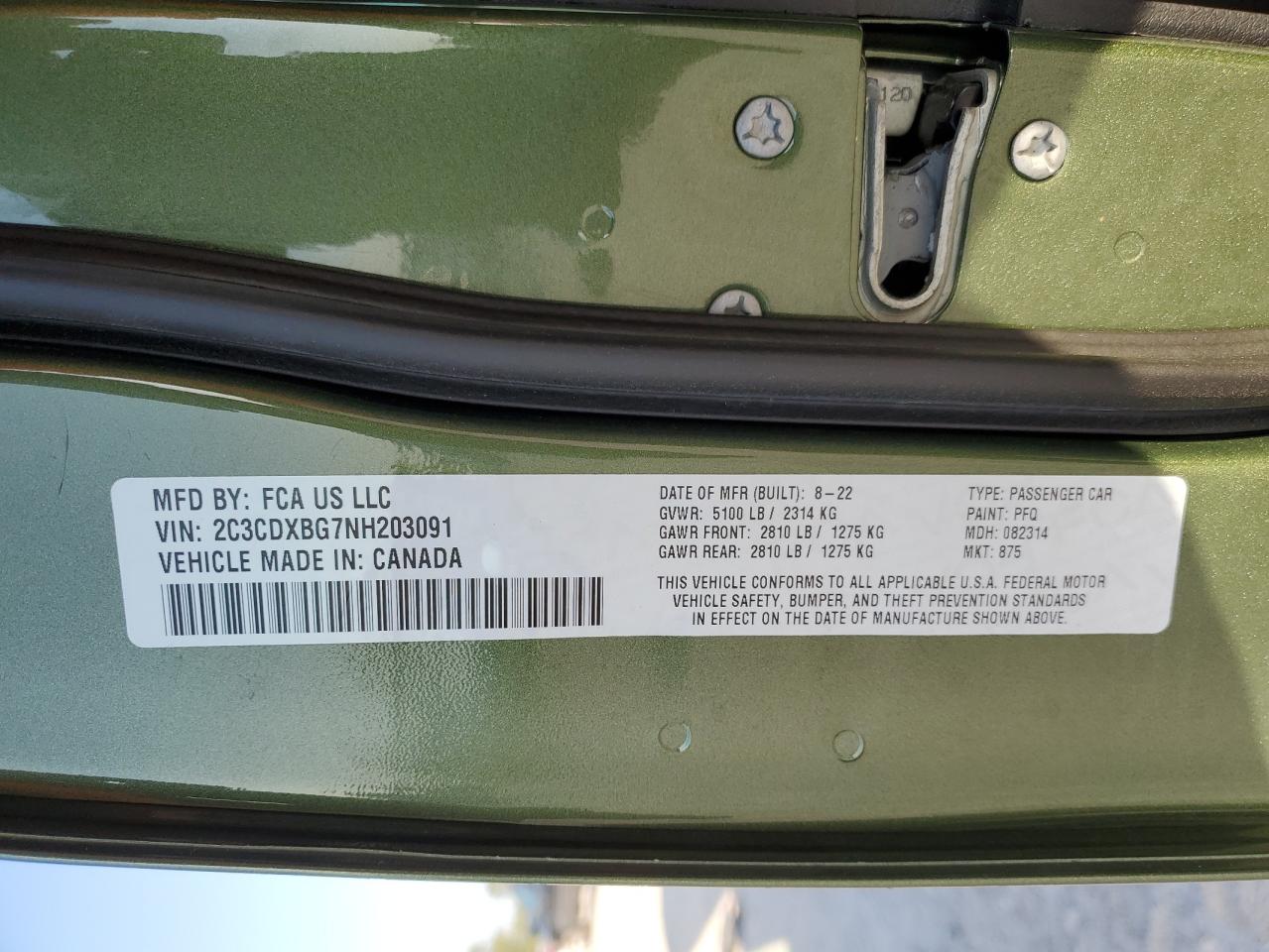 2022 DODGE CHARGER SXT VIN:2C3CDXBG7NH203091