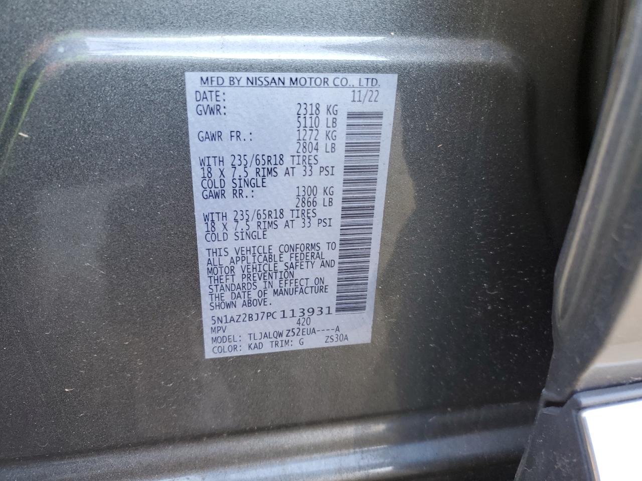 2023 NISSAN MURANO SV VIN:5N1AZ2BJ7PC113931