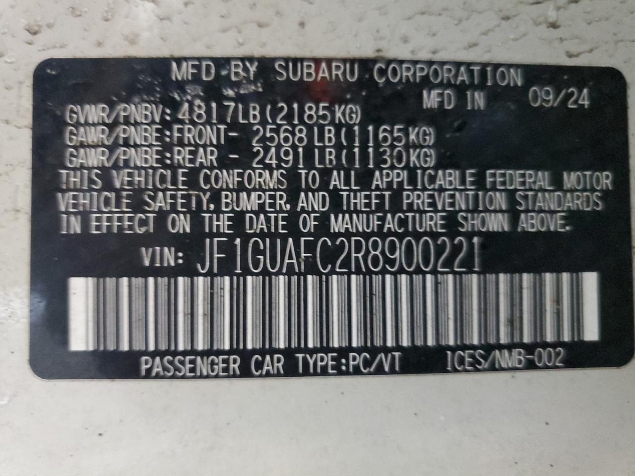 2024 SUBARU IMPREZA SPORT VIN:JF1GUAFC2R8900221