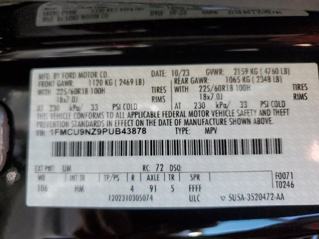 2023 FORD ESCAPE ST LINE SELECT VIN:1FMCU9NZ9PUB43878