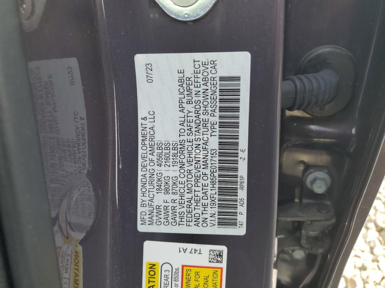 2023 HONDA CIVIC SPORT TOURING VIN:19XFL1H85PE017153