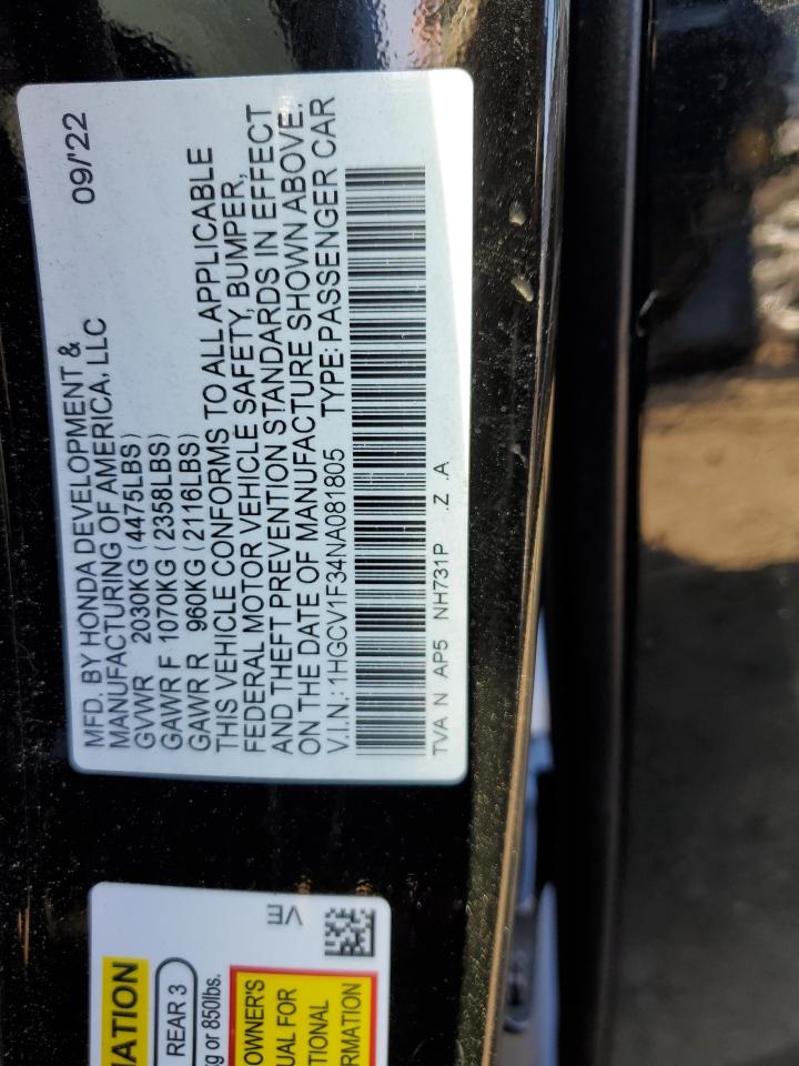 2022 HONDA ACCORD SPORT VIN:1HGCV1F34NA081805