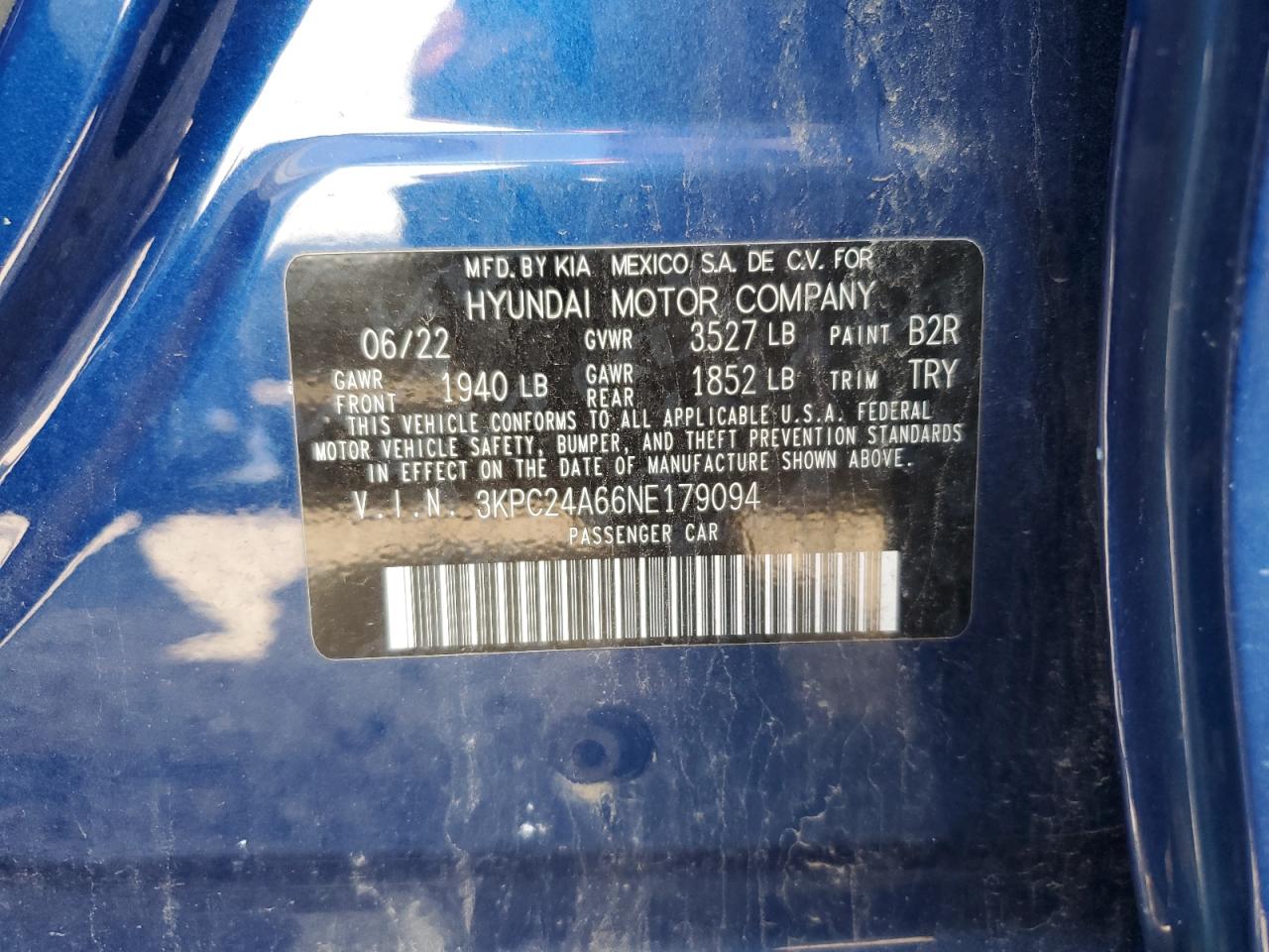 2022 HYUNDAI ACCENT SE VIN:3KPC24A66NE179094