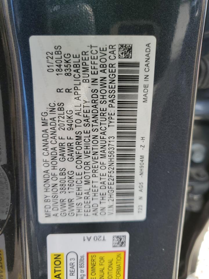 2022 HONDA CIVIC SPORT VIN:2HGFE2F52NH563713