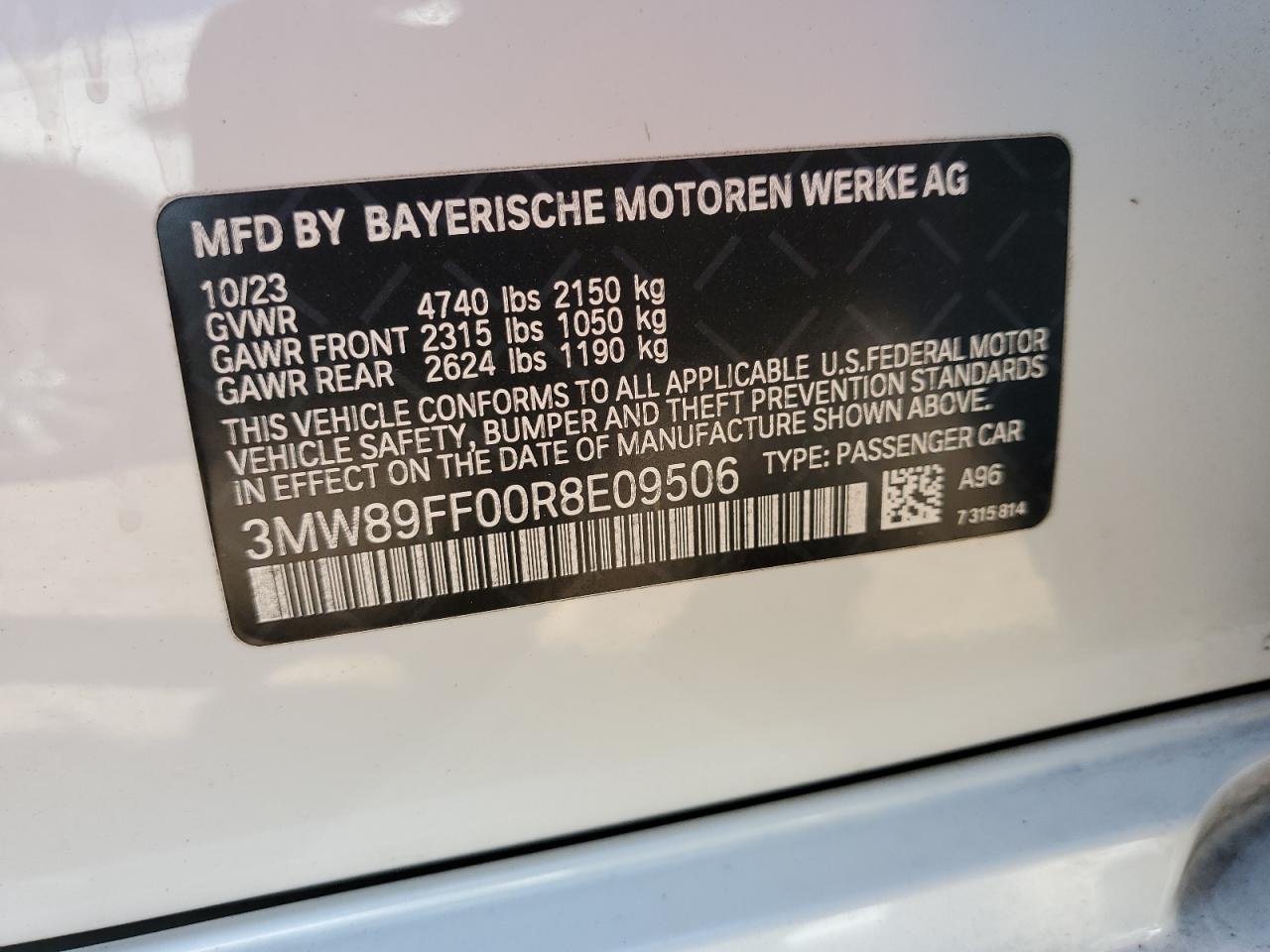 2024 BMW 330XI  VIN:3MW89FF00R8E09506