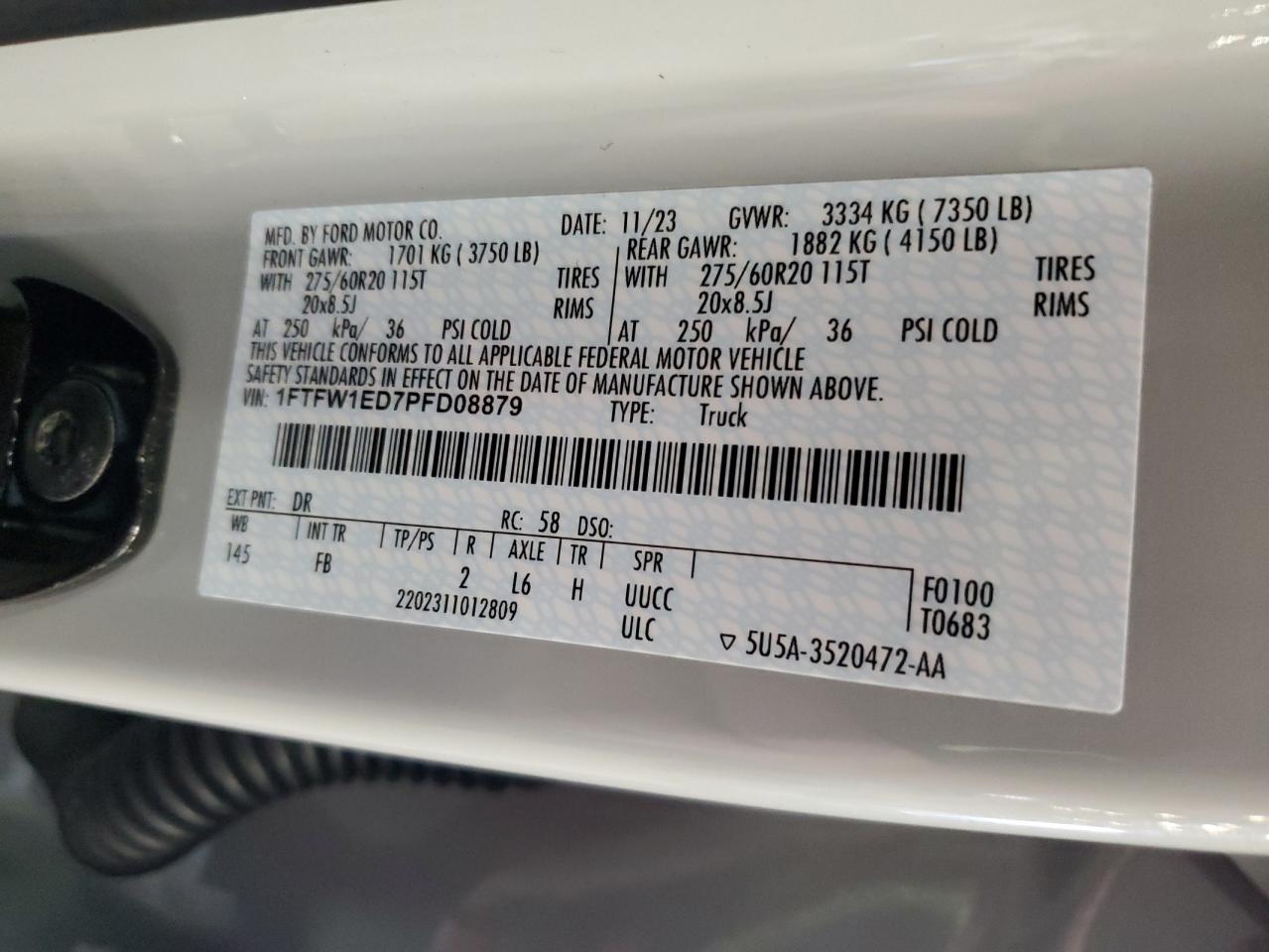 2023 FORD F150 SUPERCREW VIN:1FTFW1ED7PFD08879