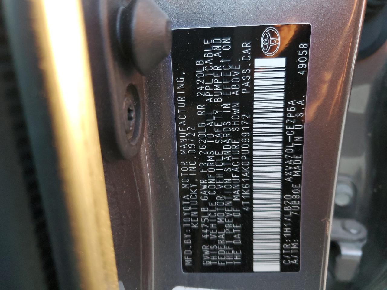 2023 TOYOTA CAMRY XSE VIN:4T1K61AK0PU099172