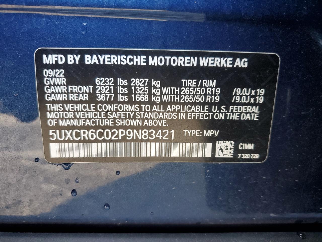 2023 BMW X5 XDRIVE40I VIN:5UXCR6C02P9N83421