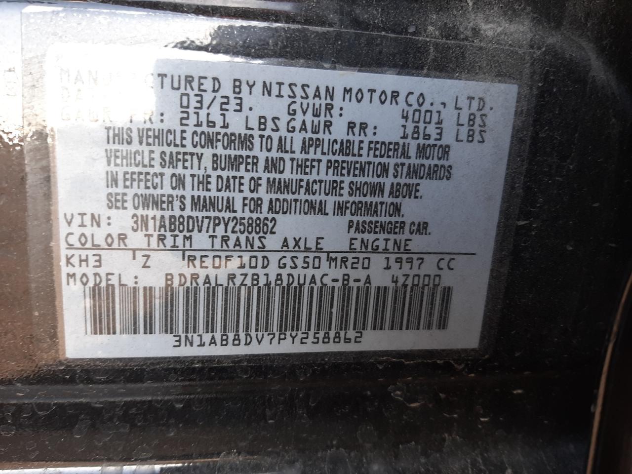 2023 NISSAN SENTRA SR VIN:3N1AB8DV7PY258862