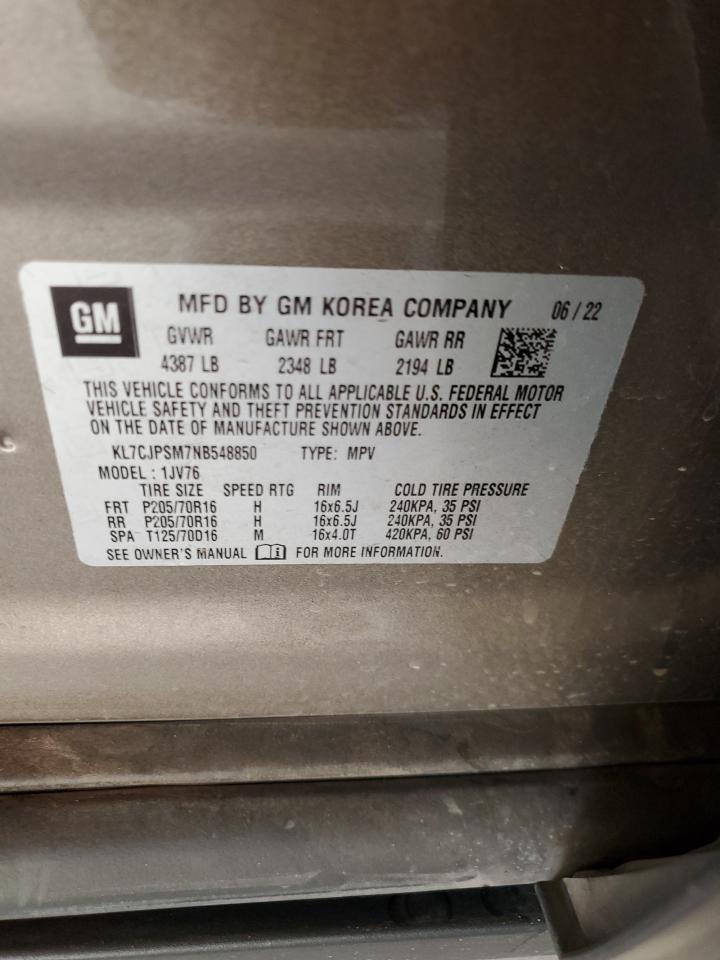 2022 CHEVROLET TRAX 1LT VIN:KL7CJPSM7NB548850