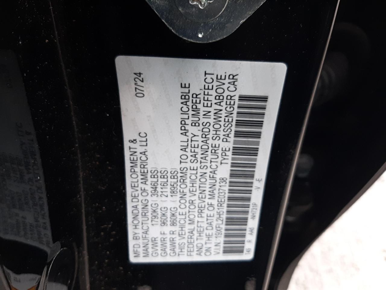 2024 HONDA CIVIC LX VIN:19XFL2H51RE037138