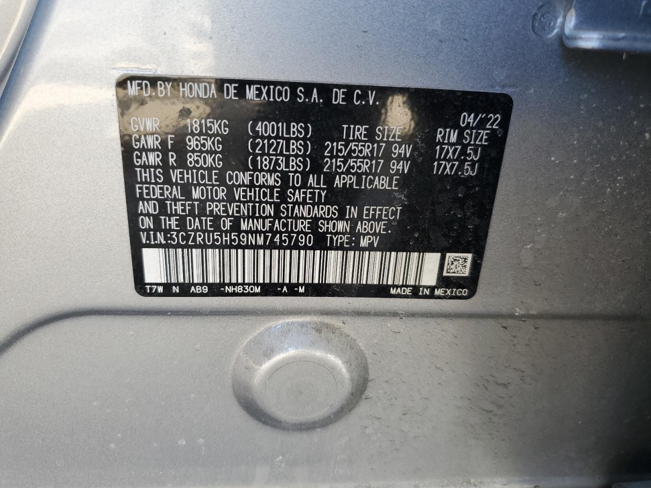 2022 HONDA HR-V EX VIN:3CZRU5H59NM745790