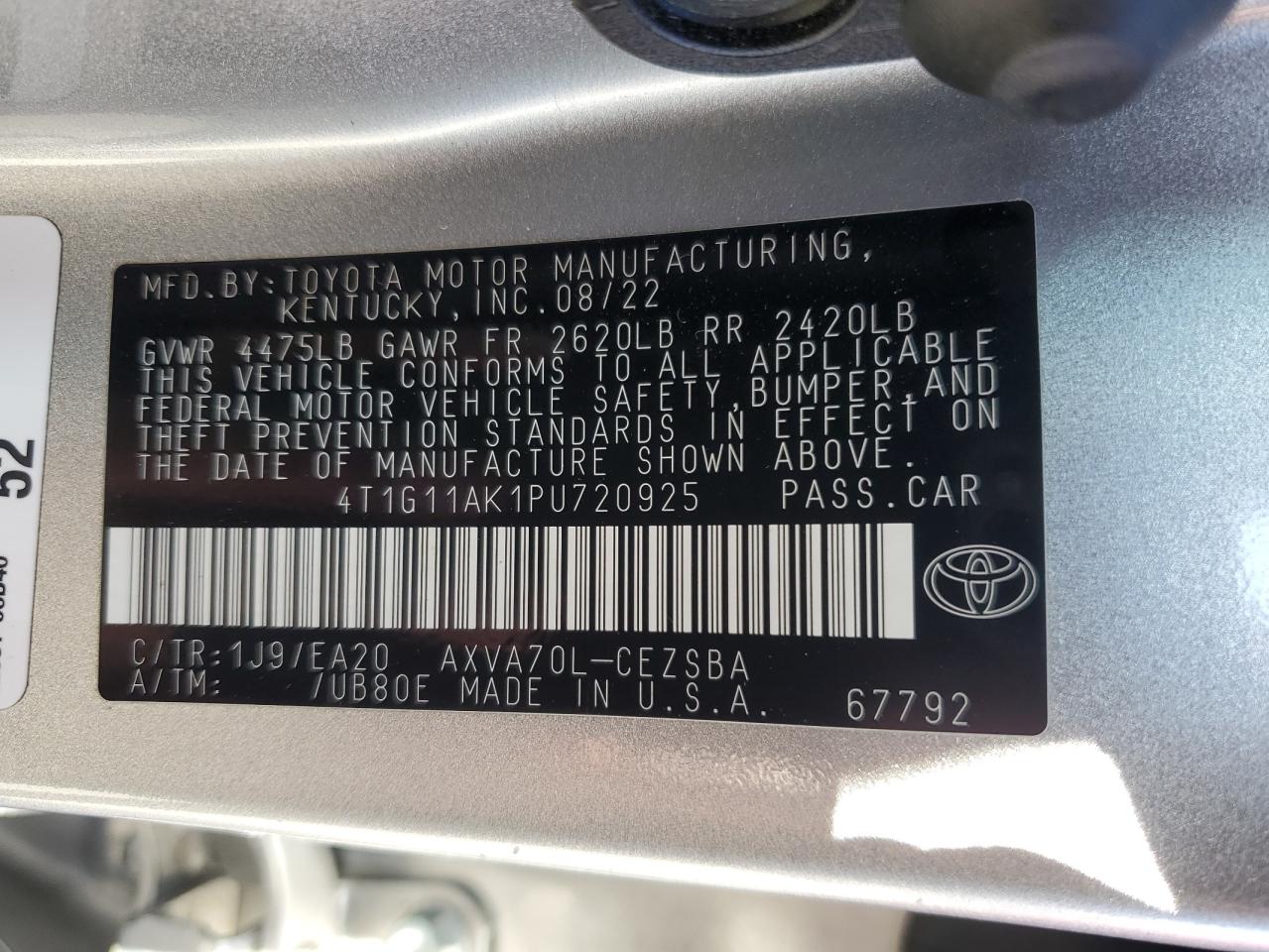 2023 TOYOTA CAMRY SE NIGHT SHADE VIN:4T1G11AK1PU720925