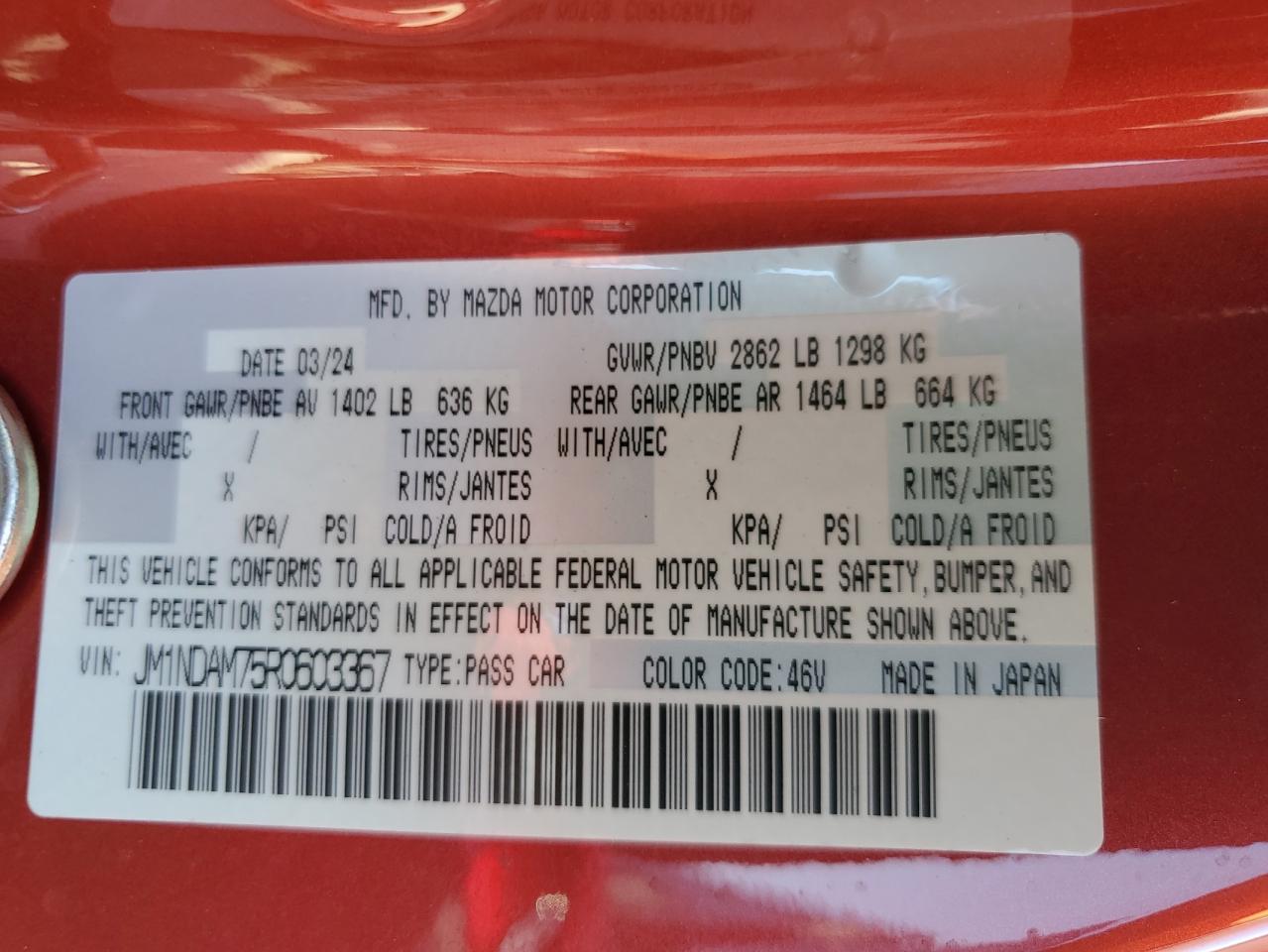 2024 MAZDA MX-5 MIATA GRAND TOURING VIN:JM1NDAM75R0603367