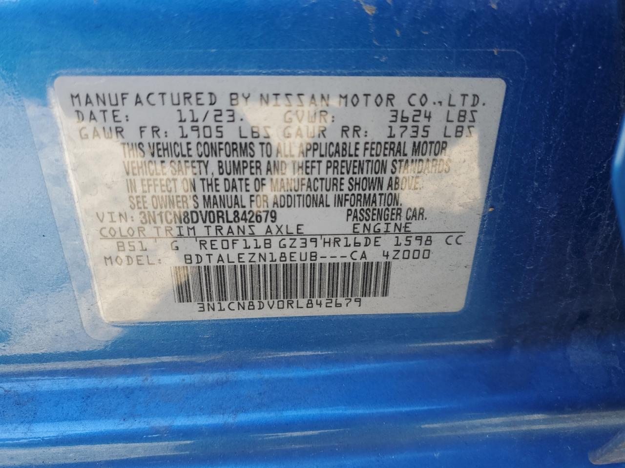 2024 NISSAN VERSA S VIN:3N1CN8DV0RL842679