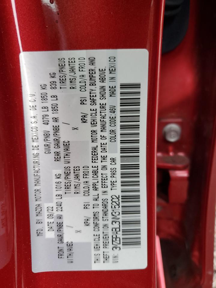 2022 MAZDA 3 SELECT VIN:3MZBPABL3NM315202