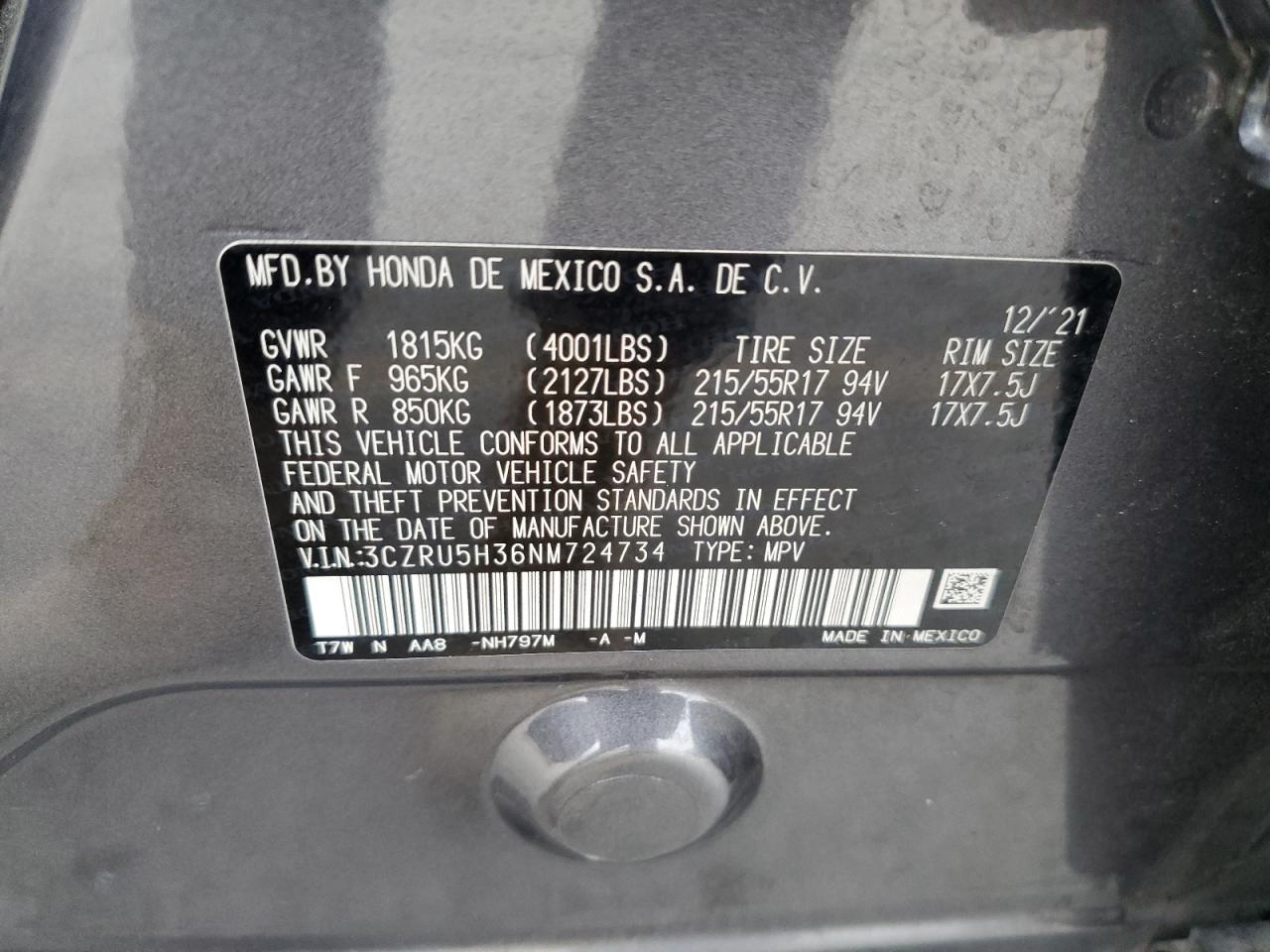 2022 HONDA HR-V LX VIN:3CZRU5H36NM724734