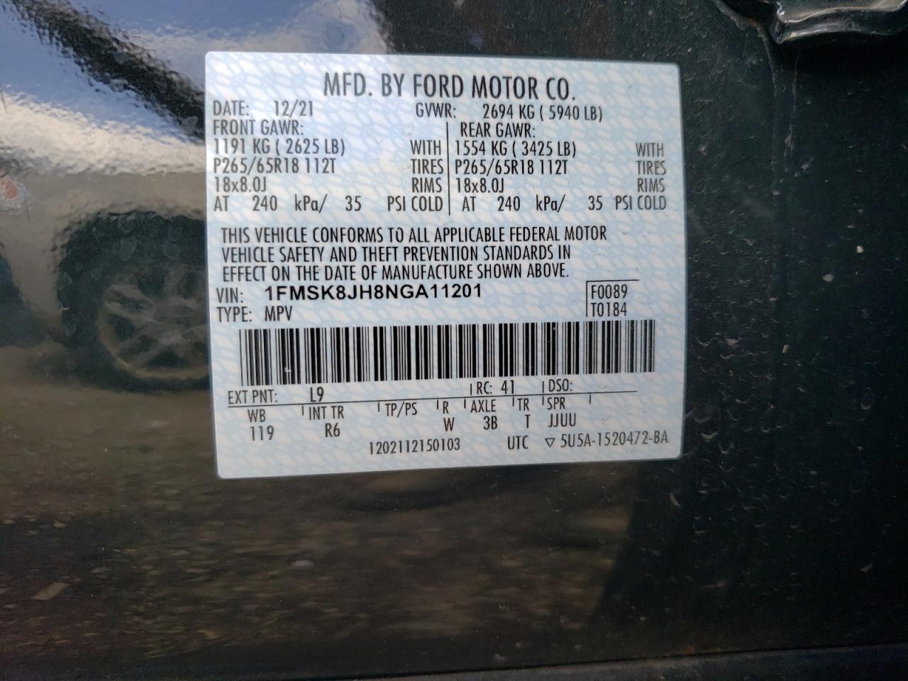 2022 FORD EXPLORER TIMBERLINE VIN:1FMSK8JH8NGA11201