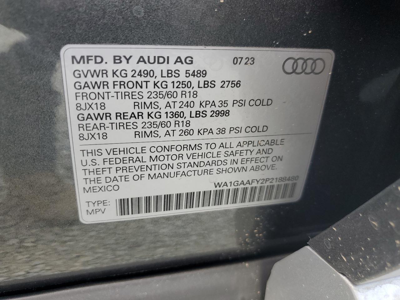 2023 AUDI Q5 PREMIUM 45 VIN:WA1GAAFY2P2188480