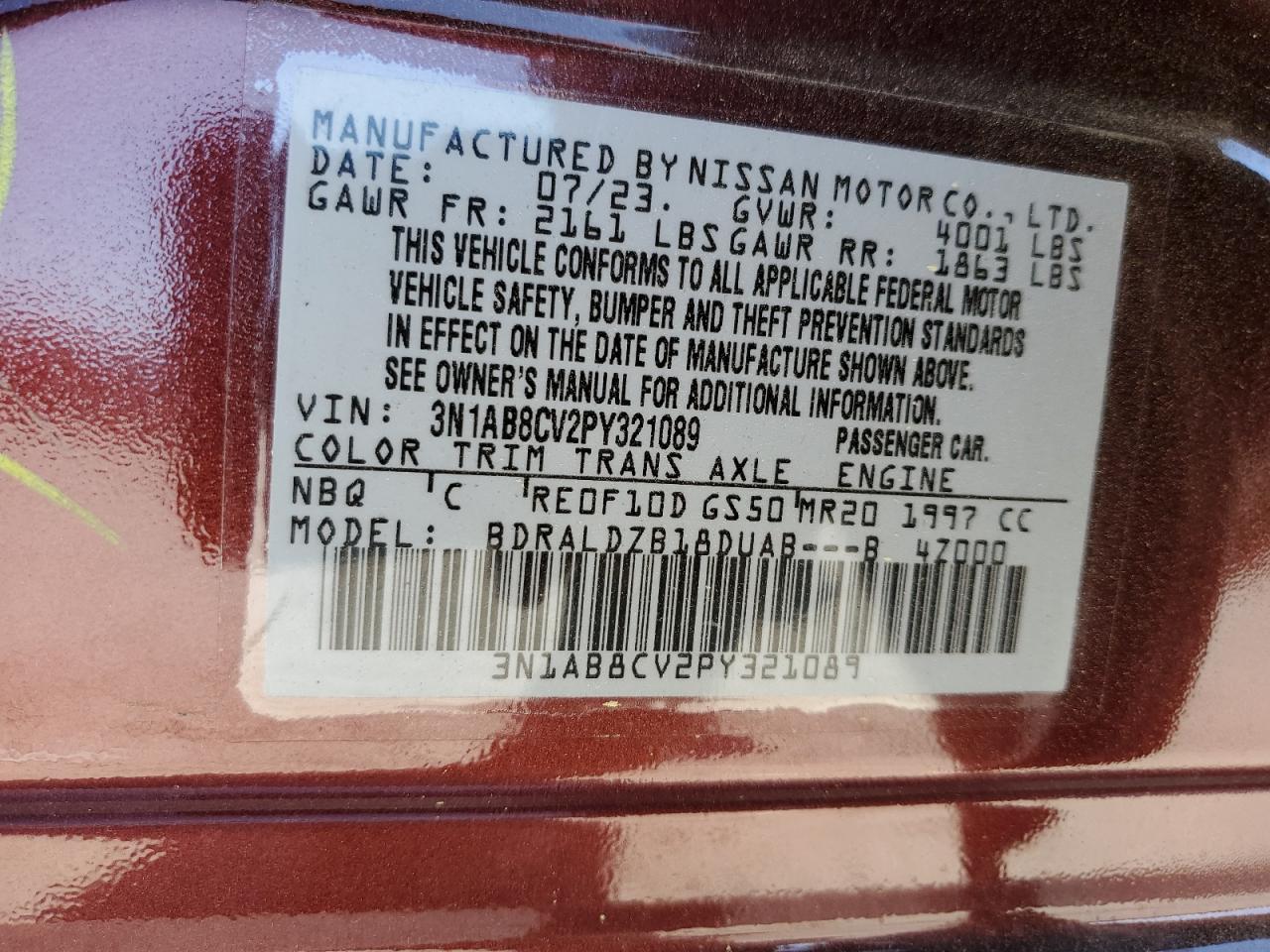 2023 NISSAN SENTRA SV VIN:3N1AB8CV2PY321089