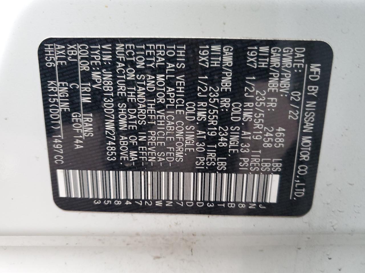 2022 NISSAN ROGUE PLATINUM VIN:JN8BT3DD7NW274853