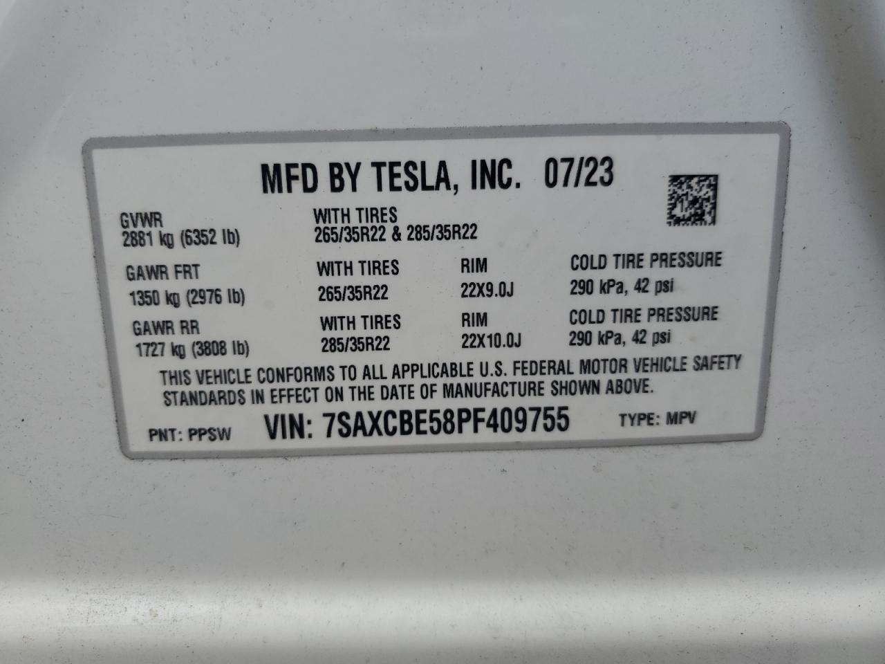 2023 TESLA MODEL X  VIN:7SAXCBE58PF409755