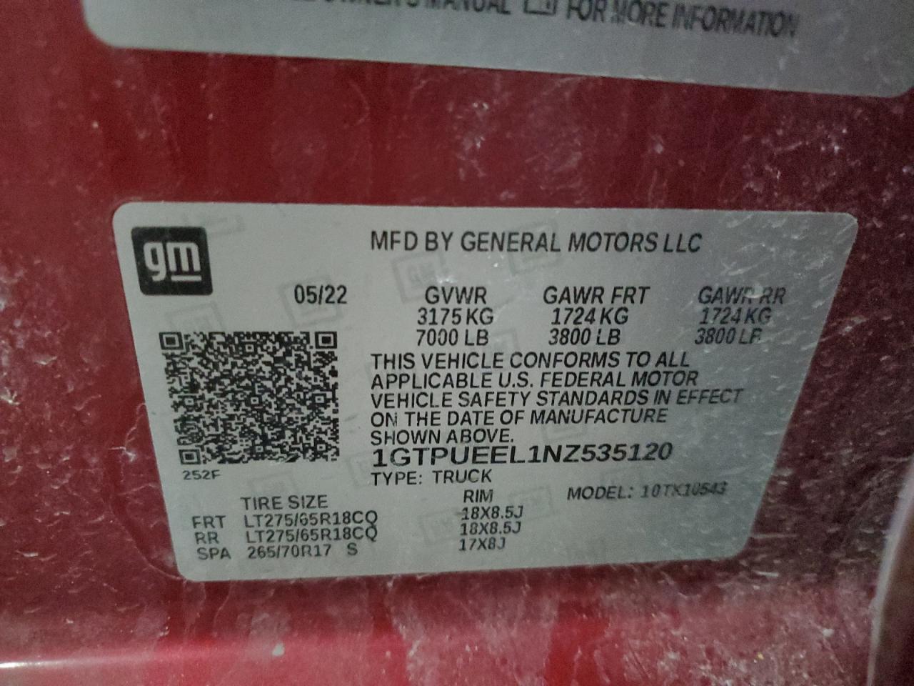 2022 GMC SIERRA K1500 AT4 VIN:1GTPUEEL1NZ535120