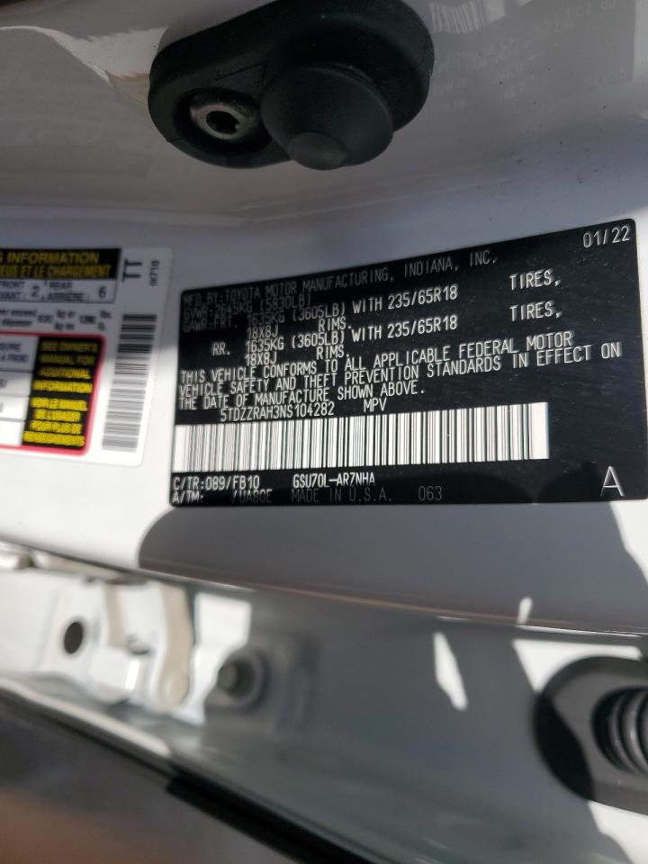 2022 TOYOTA HIGHLANDER L VIN:5TDZZRAH3NS104282