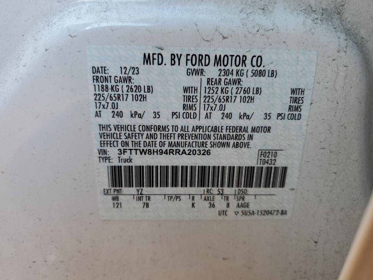 2024 FORD MAVERICK XLT VIN:3FTTW8H94RRA20326