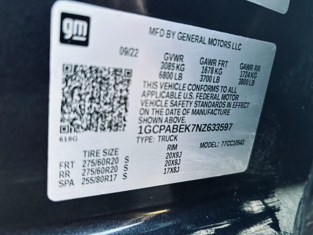 2022 CHEVROLET SILVERADO C1500 CUSTOM VIN:1GCPABEK7NZ633597