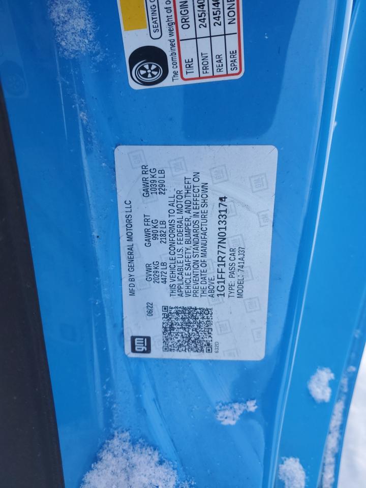 2022 CHEVROLET CAMARO LT1 VIN:1G1FF1R77N0133174