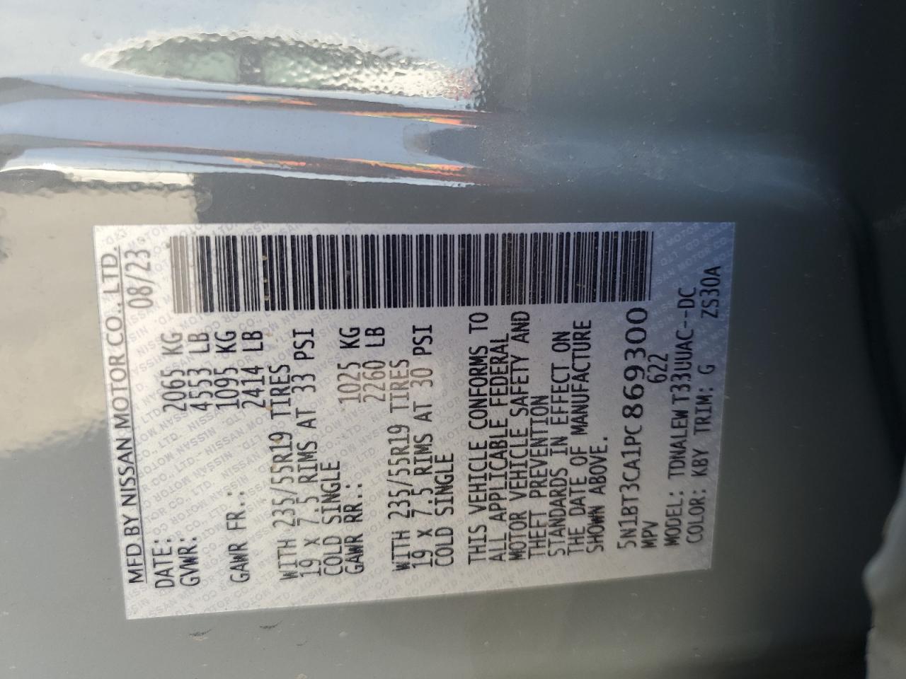 2023 NISSAN ROGUE SL VIN:5N1BT3CA1PC869300