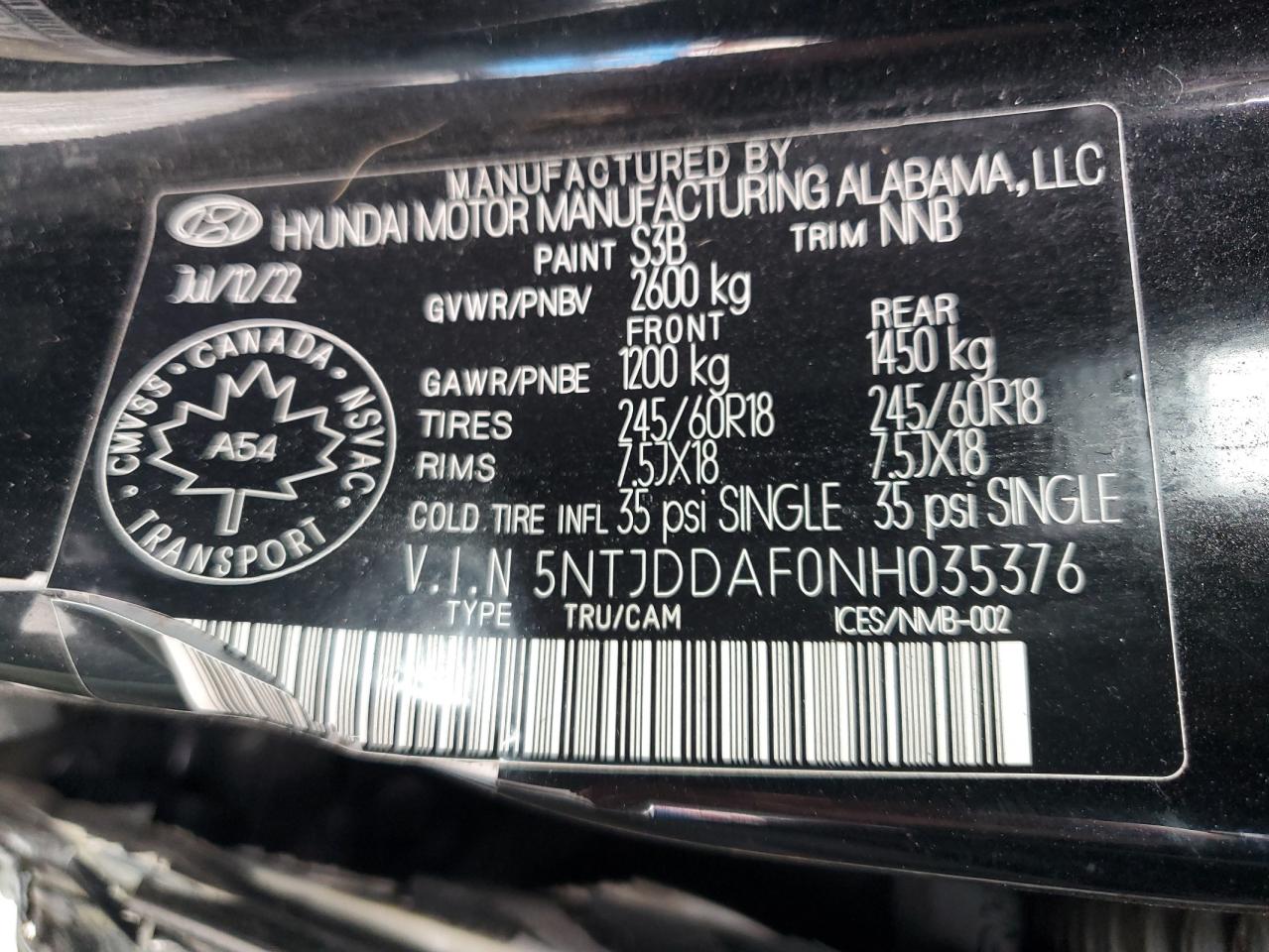 2022 HYUNDAI SANTA CRUZ SEL PREMIUM VIN:5NTJDDAF0NH035376