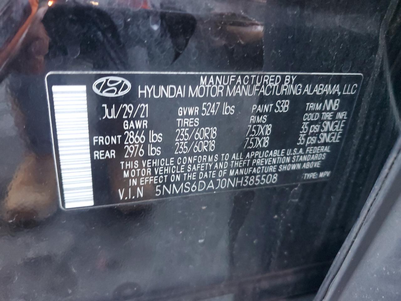 2022 HYUNDAI SANTA FE SEL VIN:5NMS6DAJ0NH385508