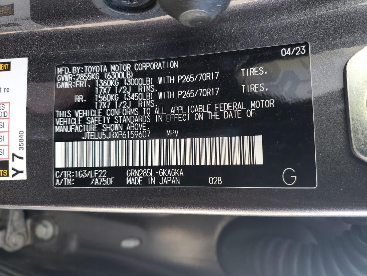 2023 TOYOTA 4RUNNER SE VIN:JTELU5JRXP6159607