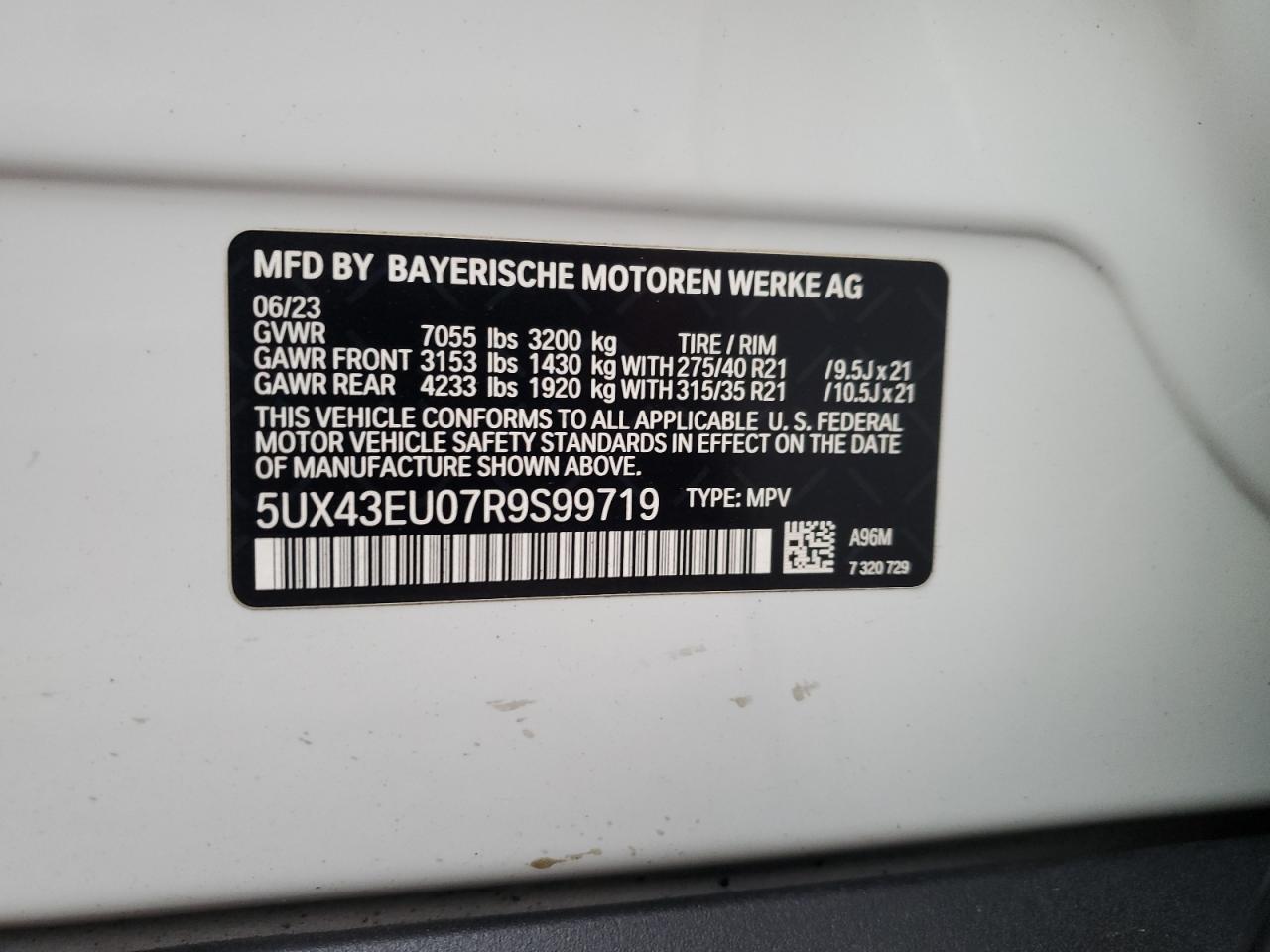 2024 BMW X5 XDRIVE50E VIN:5UX43EU07R9S99719