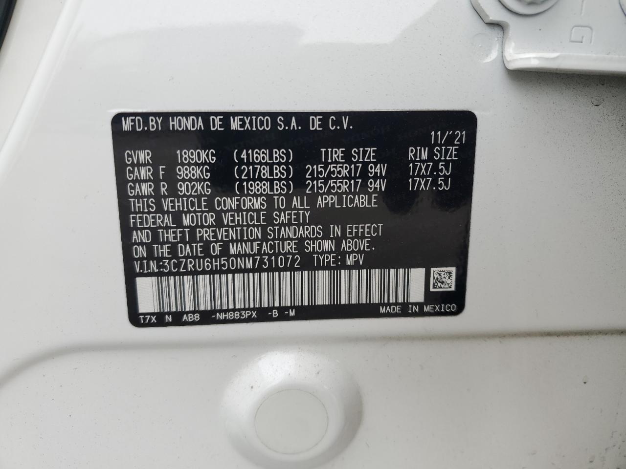 2022 HONDA HR-V EX VIN:3CZRU6H50NM731072