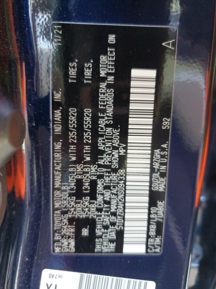 2022 TOYOTA HIGHLANDER LIMITED VIN:5TDYZRAH2NS094338